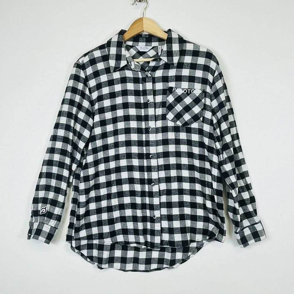 Peloton White Black Plaid Flannel Long Sleeve Button‎ Shirt Top Womens Medium